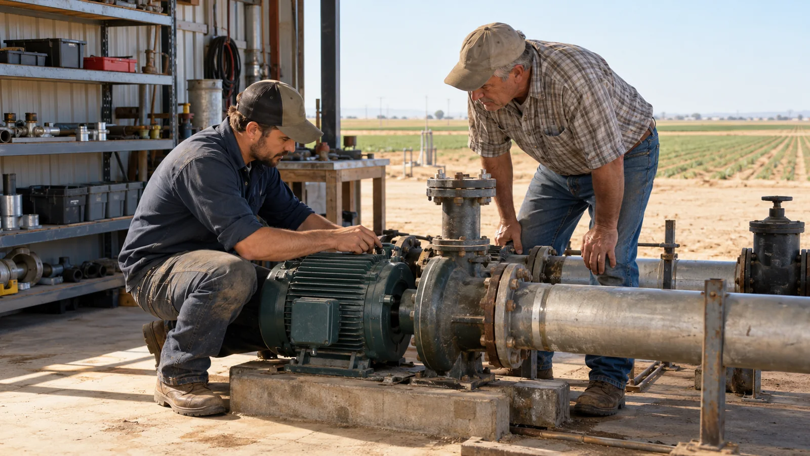 An owner and technician inspecting equipment in an agricultural workshop