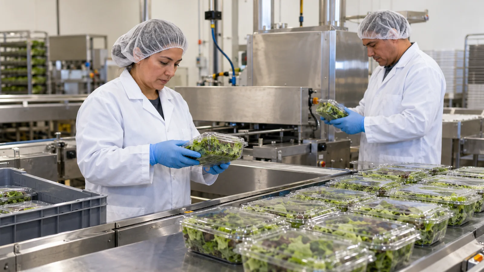 Workers checking produce containers in a food packing facility